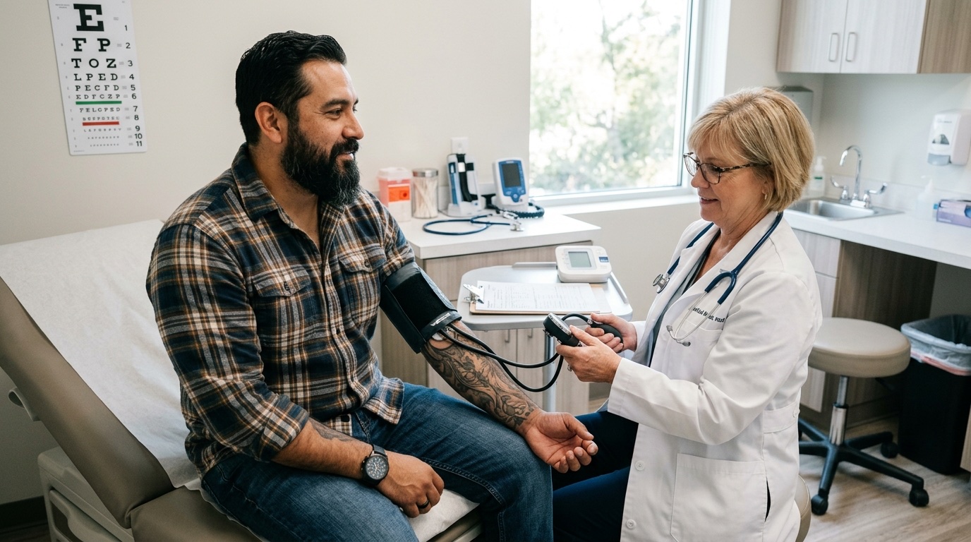 Examinadora médica tomando presión arterial a chofer hispano en oficina médica con tabla optométrica