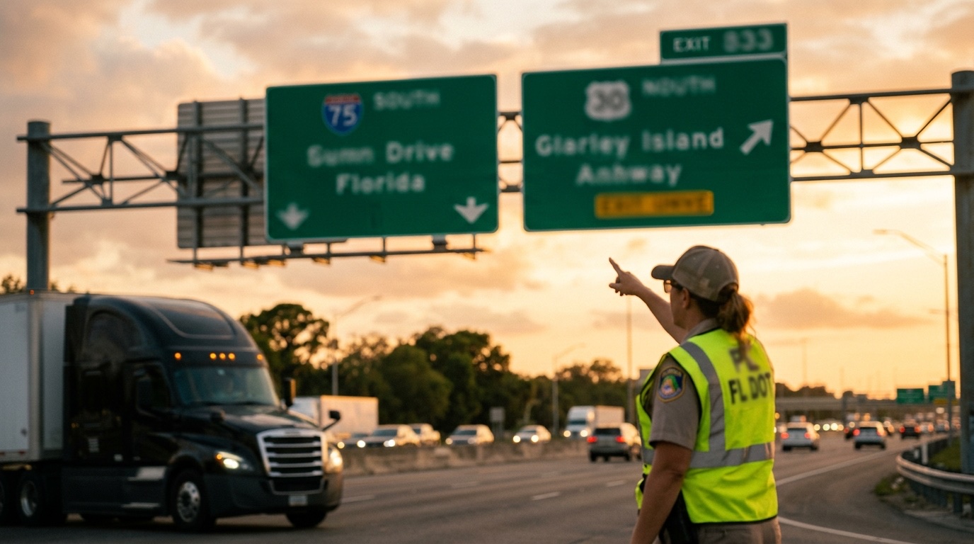 Inspectora FL DOT en autopista I-75 apuntando a señales de tránsito con camión Clase A de fondo