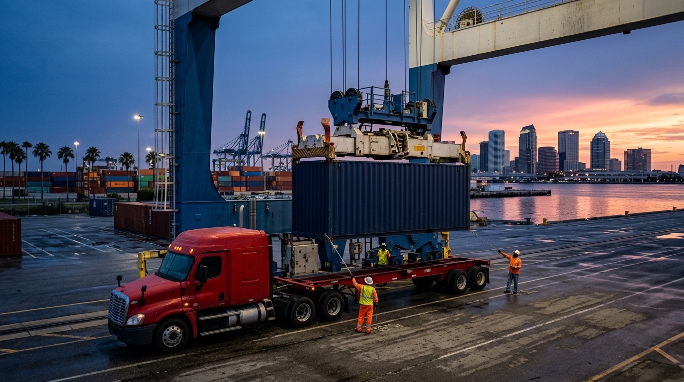 Grúa pórtico del Puerto de Tampa cargando contenedor sobre camión Clase A con horizonte de Tampa al atardecer