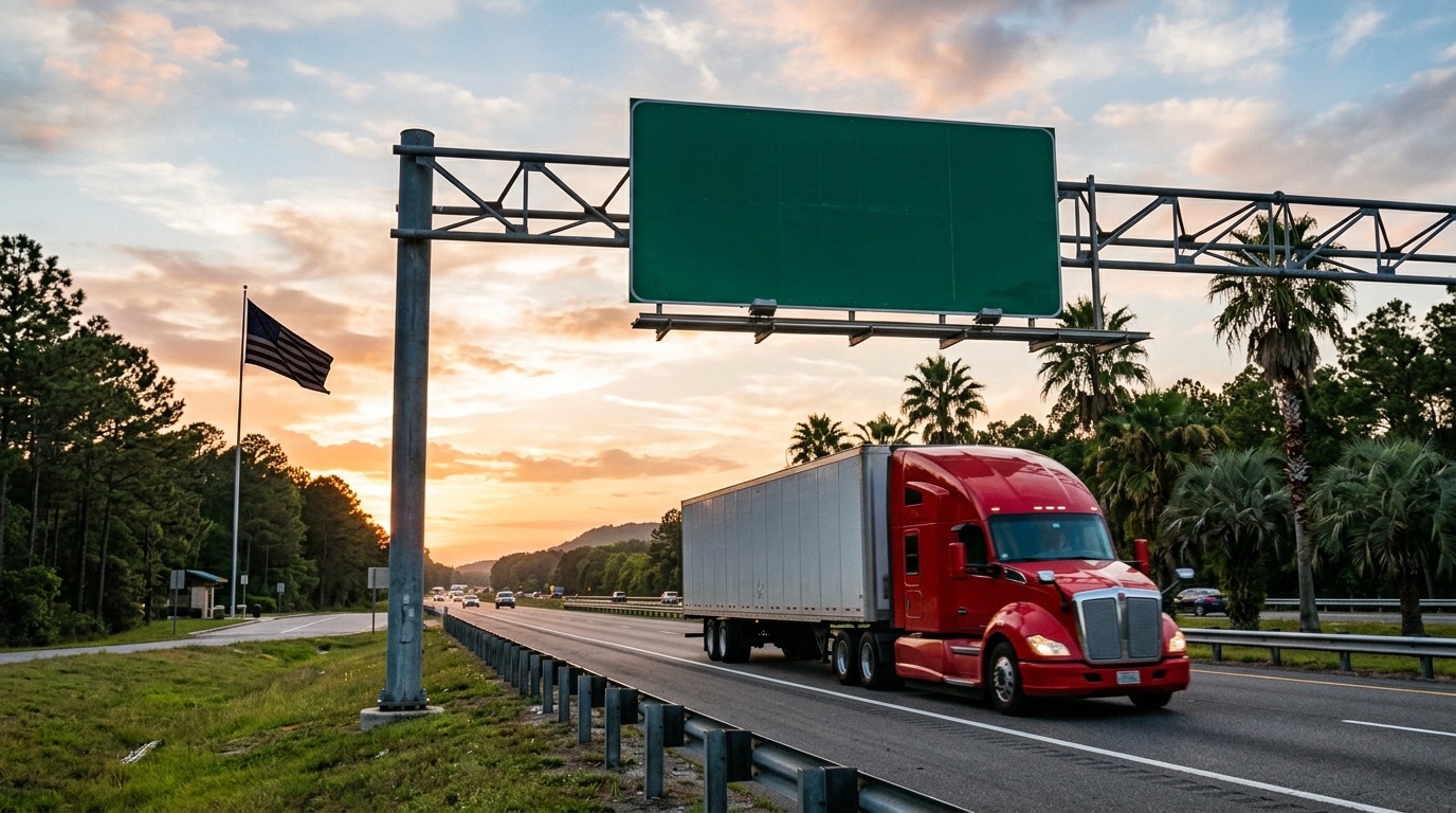 Camión Clase A rojo en autopista de Florida bajo señal aérea con bandera estadounidense al atardecer