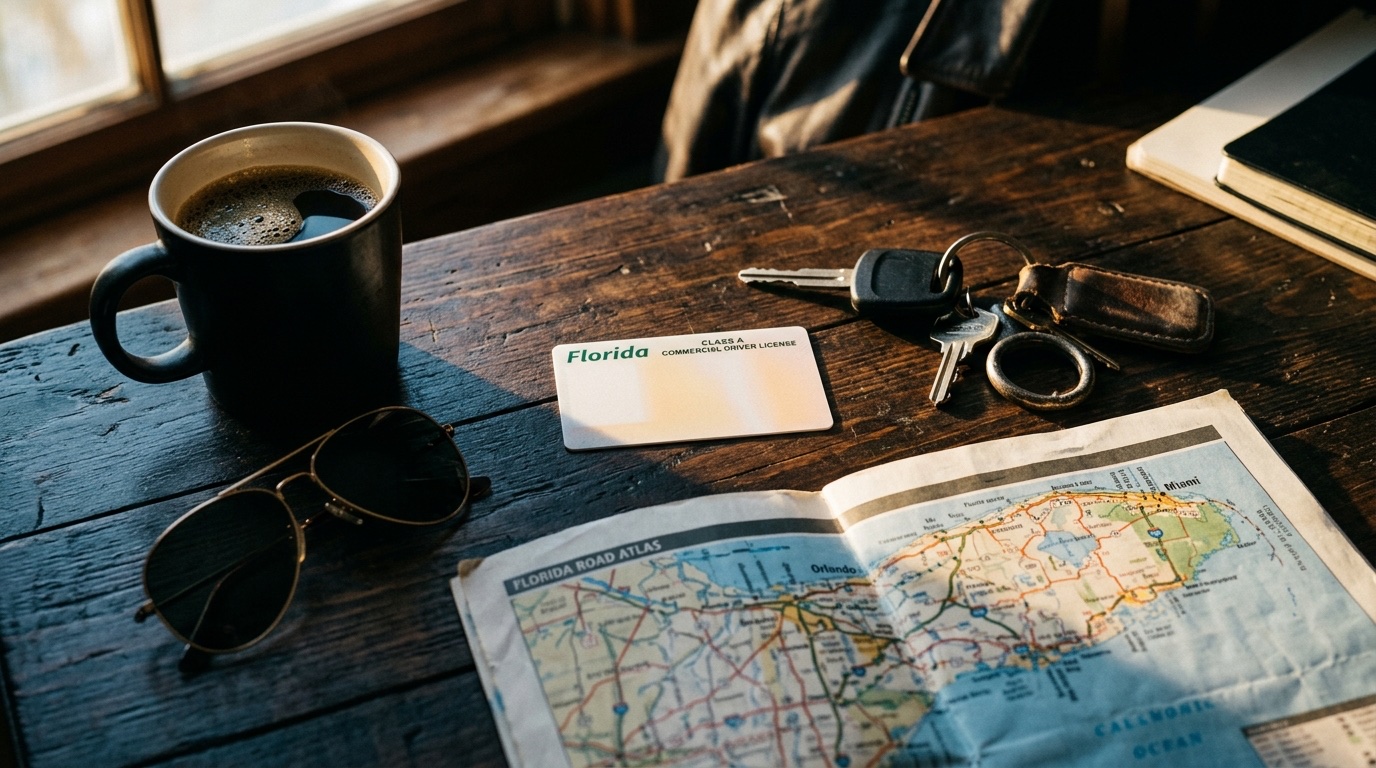 Licencia CDL Clase A de Florida sobre escritorio con mapa y llaves de camión