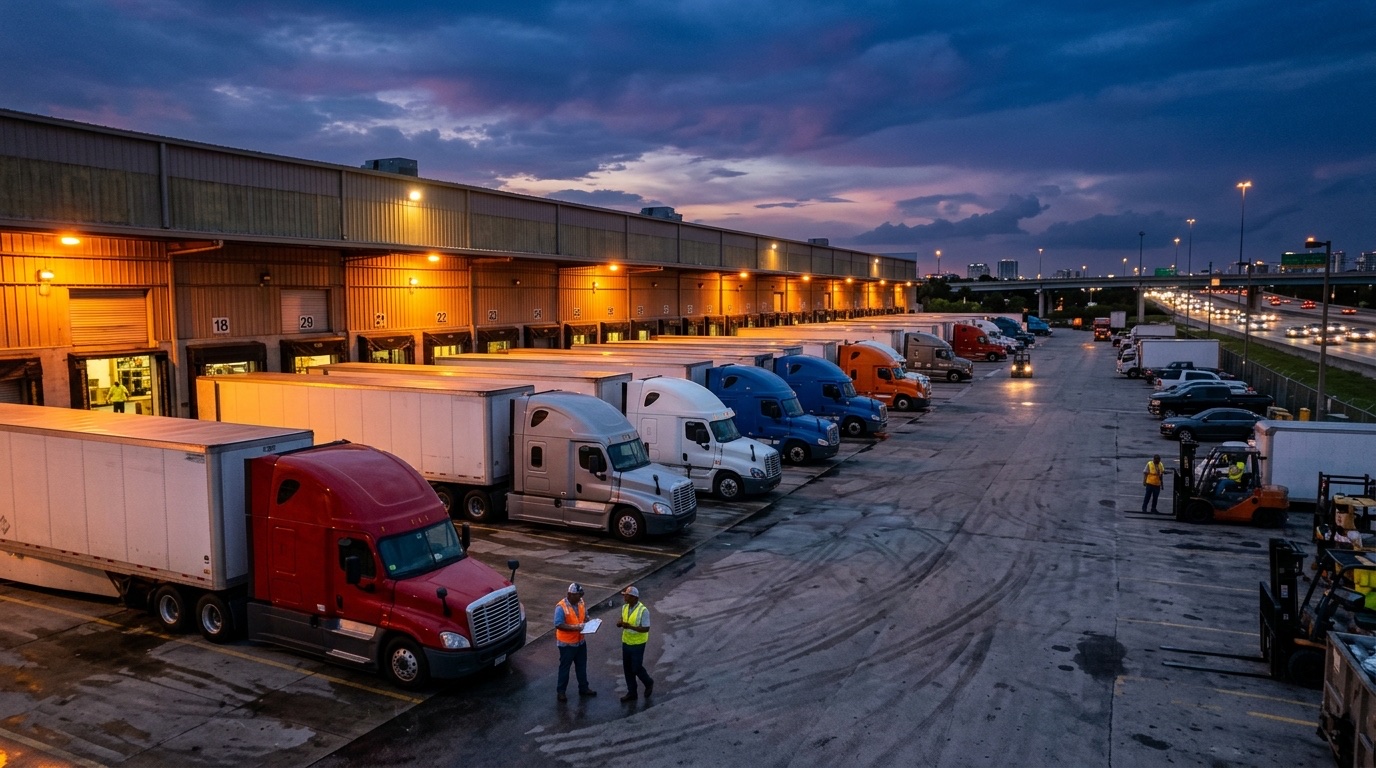 Terminal de carga de Florida al atardecer con camiones Clase A en muelles de carga