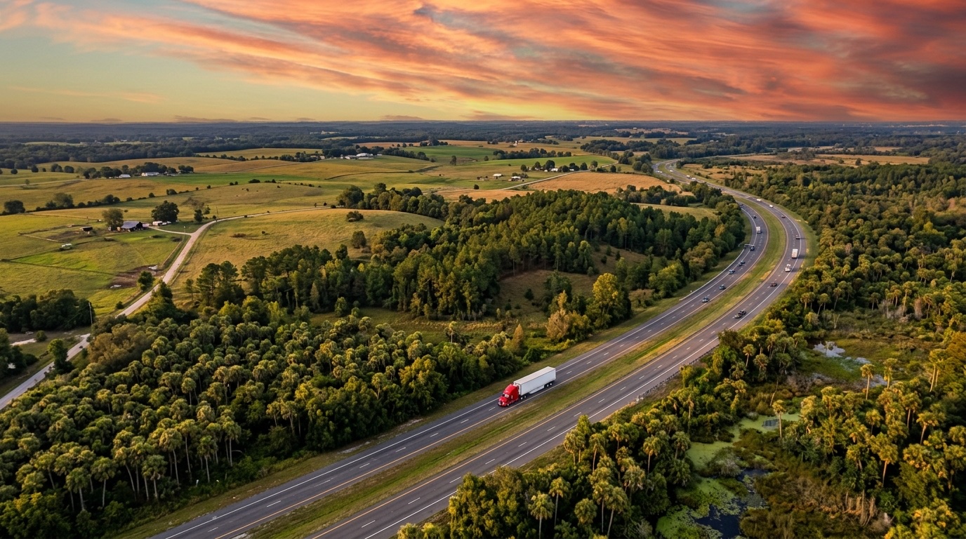 Camión Clase A rojo cruzando autopista interestatal con paisajes variados