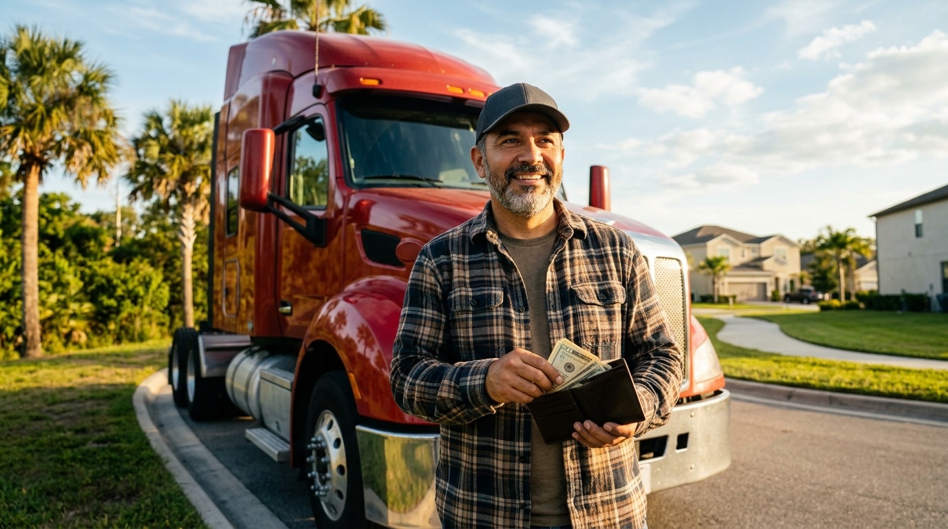 Camionero hispano exitoso en Tampa con camión Clase A rojo y billetera